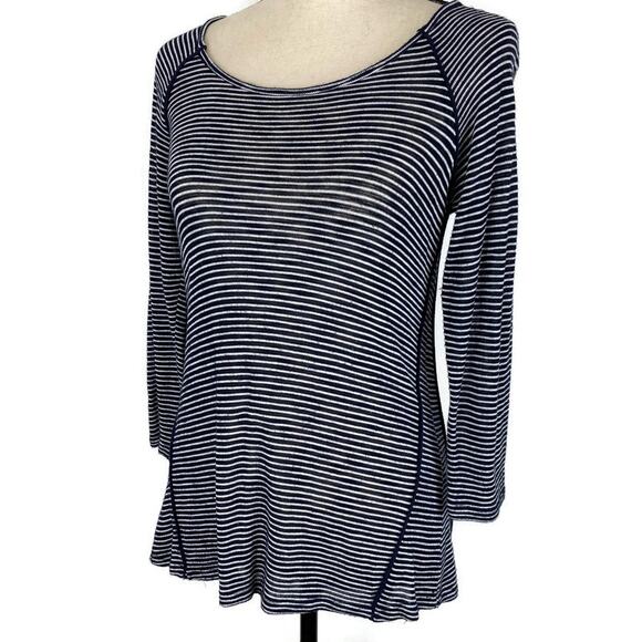 TOBI Slub Panel Blouse Navy Blue White Striped 3/4 Sleeve Scoopneck Womens - Picture 6 of 8